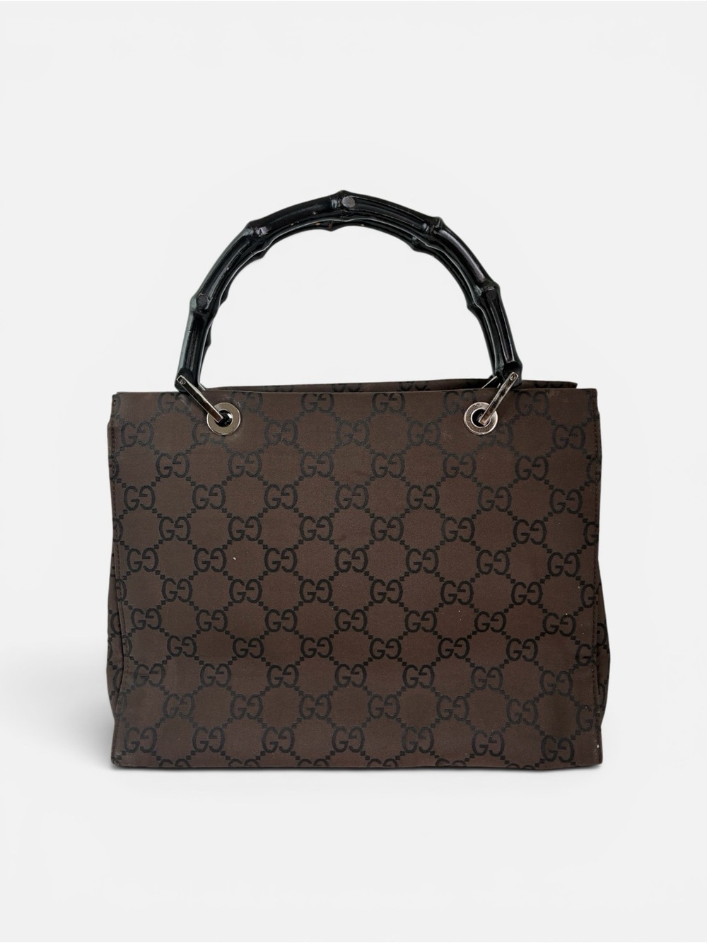 Gucci Brown GG Canvas Tote with Black Bamboo-Style Handles